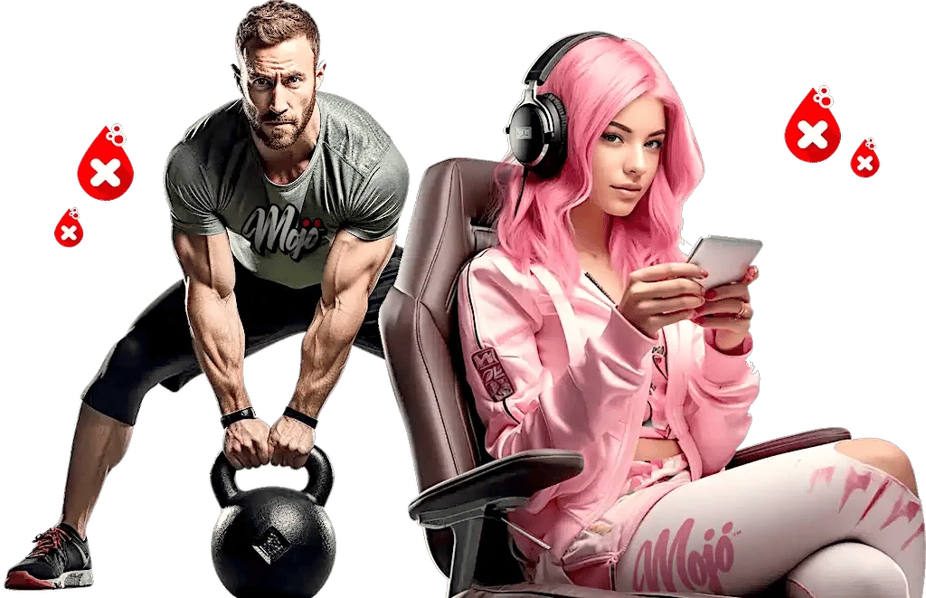 Man som lyfter en kettlebell bredvid en gamerflicka i Mojo-trÀningsoverall