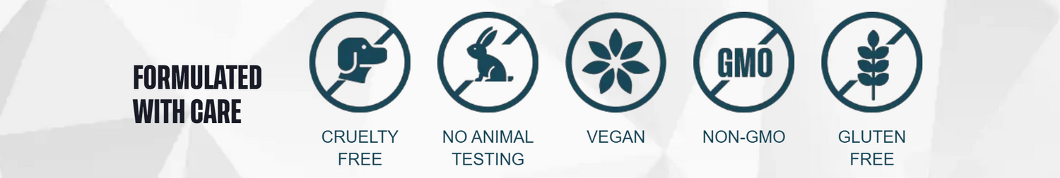 Formulerat med omsorg â djurfritt, ingen djurtestning, veganskt, icke-GMO, glutenfritt