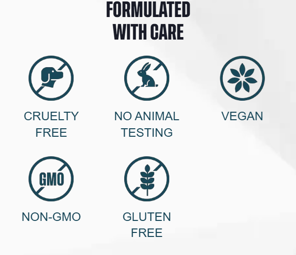 Formulerat med omsorg â djurfritt, ingen djurtestning, veganskt, icke-GMO, glutenfritt