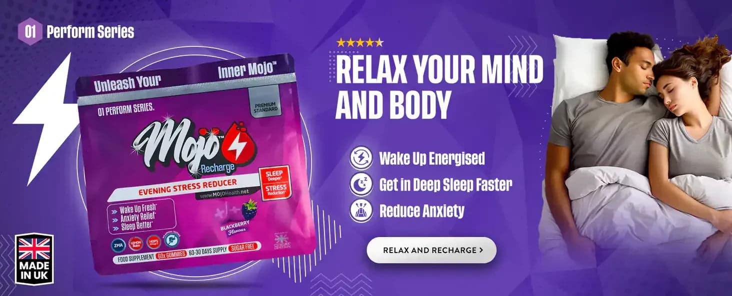 Mojo RECHARGE Gummies â avslappning för kvĂ€ll och stressreduktion: slappna av din hjĂ€rna och kropp, vakna uppfriskhad, somna djupt snabbare, minska Ă„ngest. Slappna av och ladda om.