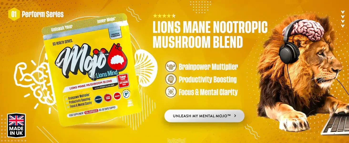 Mojo Lions Mind â Lions Mane nootropic svamppblandning: hjĂ€rnkraft-multiplikator, produktivitetsboosting, fokus och mental klarhet. SlĂ€pp lös min mentala Mojo.