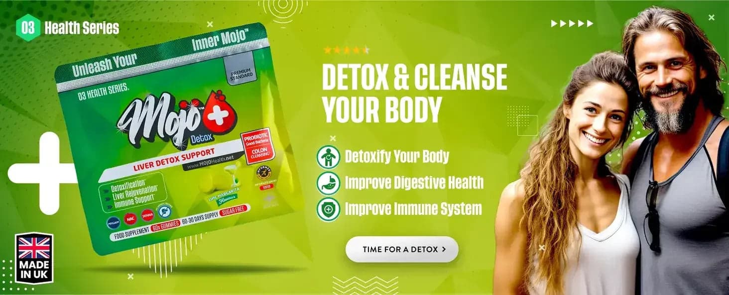 Mojo DETOX Gummies â leverstöd för rening: rensa din kropp, förbĂ€ttra matsmĂ€ltningshĂ€lsa, förbĂ€ttra immunsystemet. Dags för en rening.